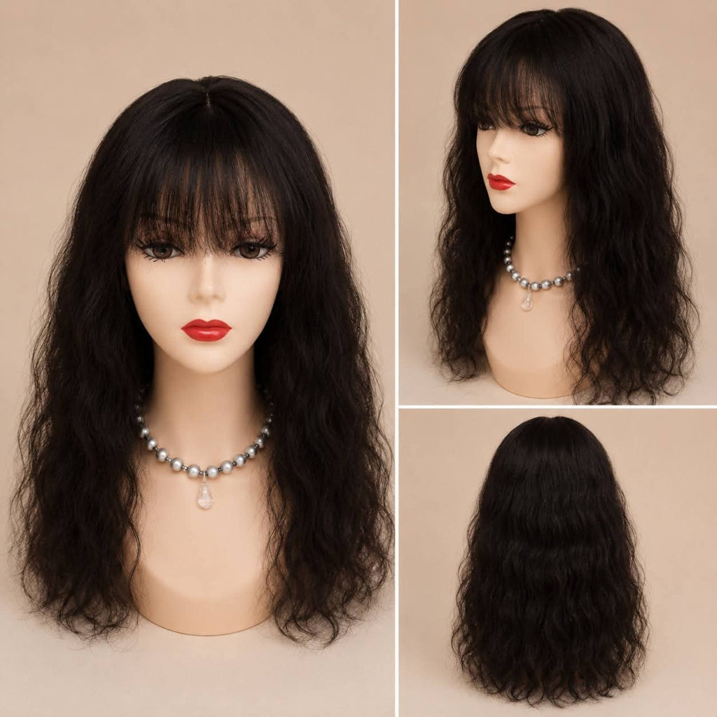 Peluca cabello natural castaño oscuro con cerquillo vista frontal lateral y trasera VMajo