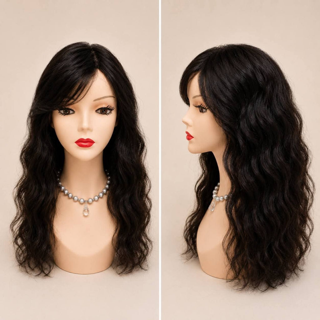 Peluca ondulada cabello natural castaño oscuro negro vista frontal VMajo