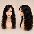 Peluca ondulada cabello natural castaño oscuro negro vista frontal VMajo