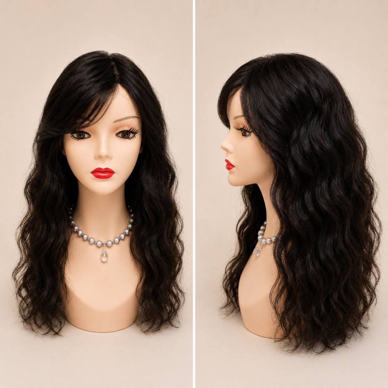 Peluca ondulada cabello natural castaño oscuro negro vista frontal VMajo