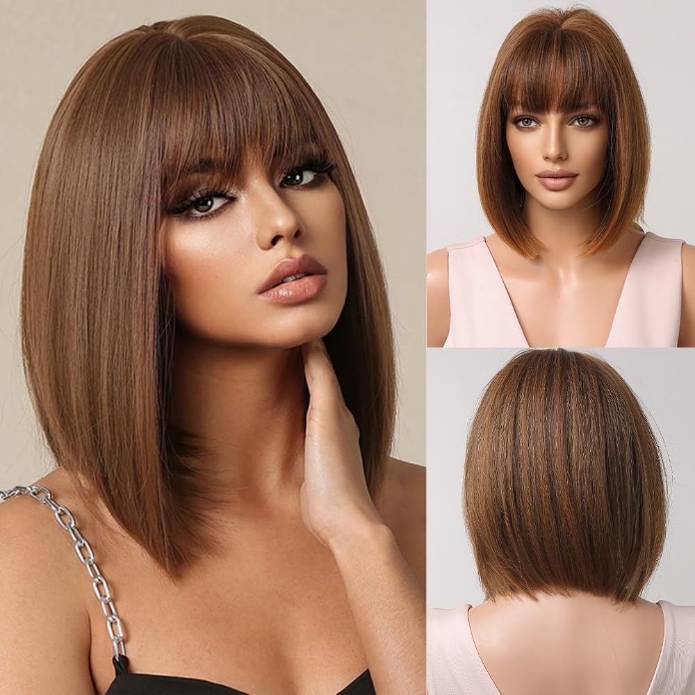 Peluca castaña 100% natural corte Melena Bob con cerquillo