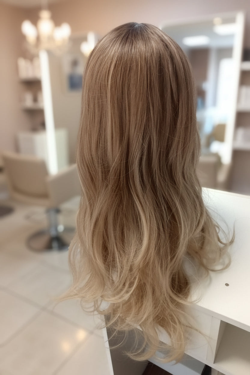 Peluca Sintética Rubia Larga Efecto Balayage con Cerquillo