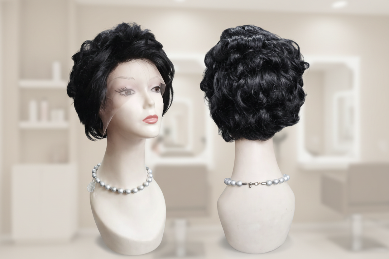 Peluca negra cabello 100% natural corta - Estilo clásico europeo