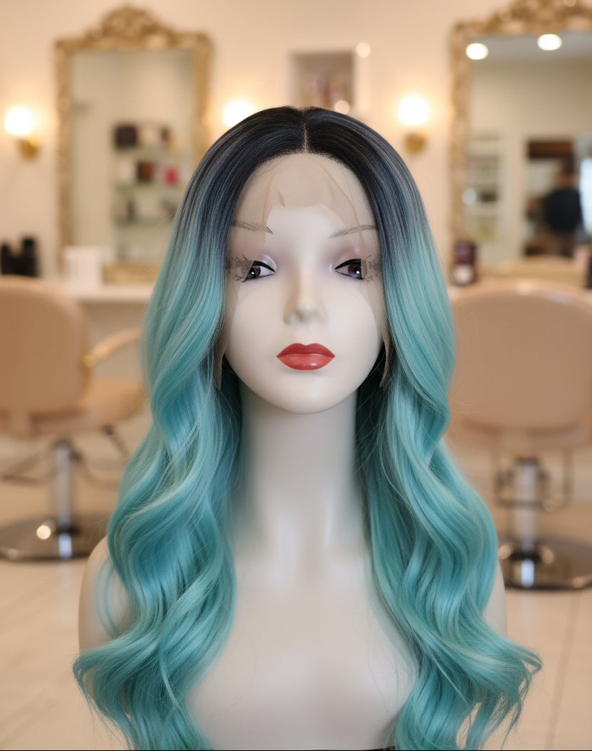 Peluca sintética verde agua con raíces oscuras lace front
