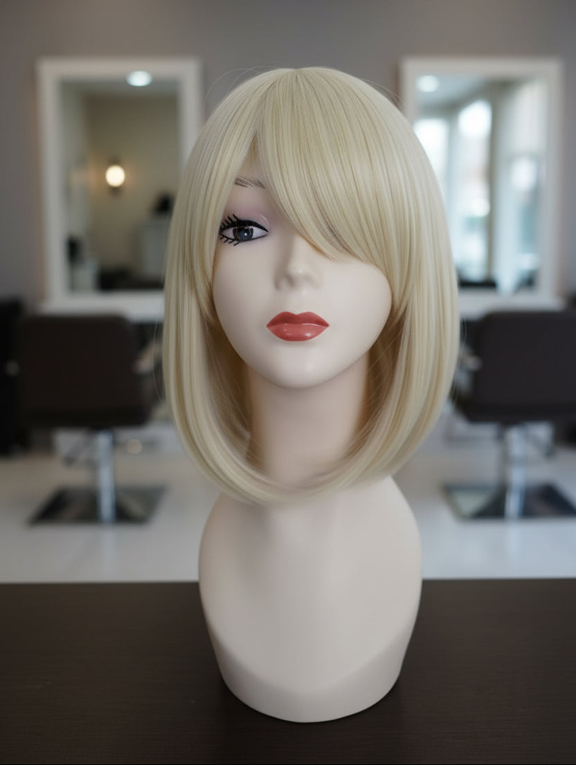 Peluca Sintética Rubia Ceniza Corte Melena con Cerquillo