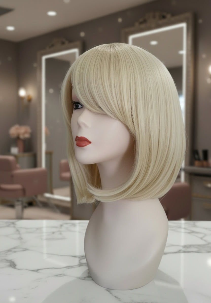 Peluca Sintética Rubia Ceniza Corte Melena con Cerquillo
