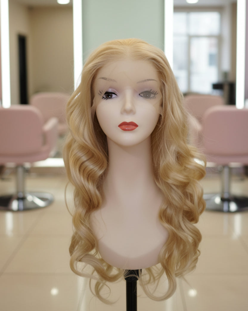 Peluca sintética rubia cenizo ondulada lace front