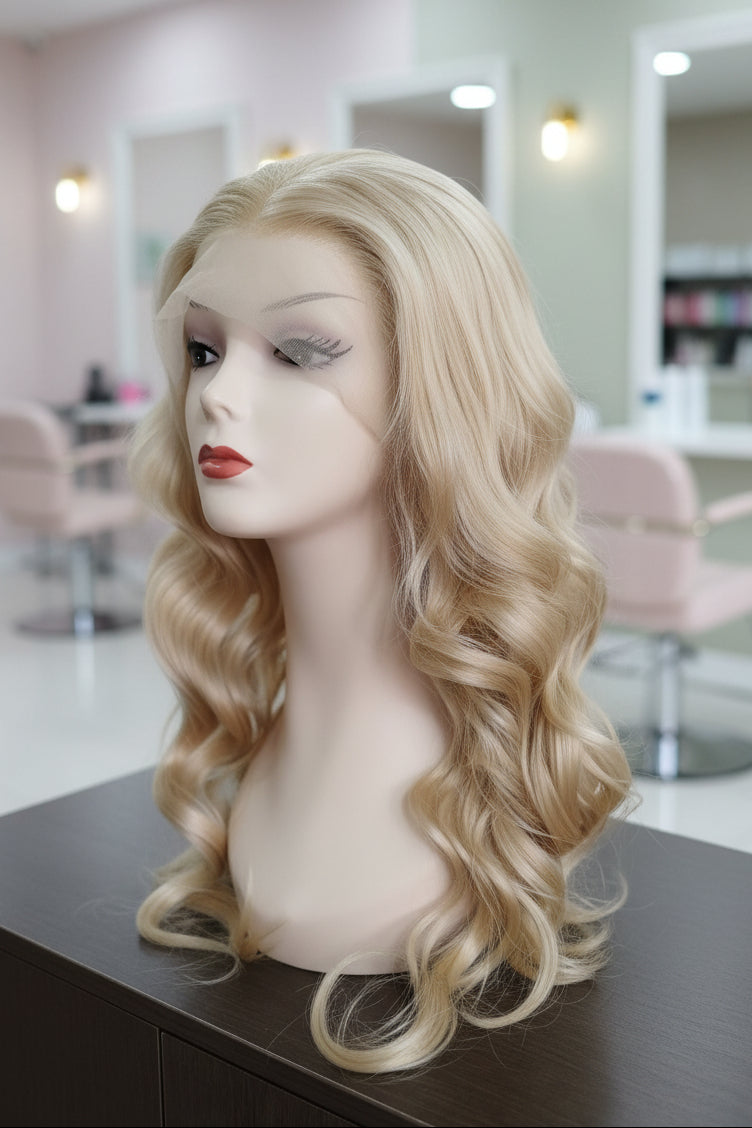 Peluca sintética rubia cenizo ondulada lace front