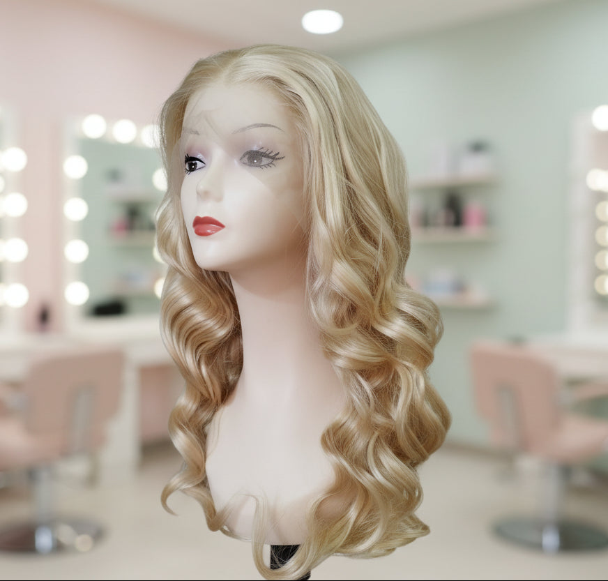 Peluca sintética rubia cenizo ondulada lace front