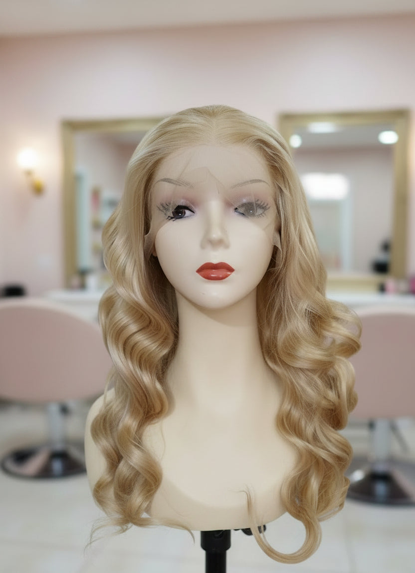 Peluca sintética rubia cenizo ondulada lace front