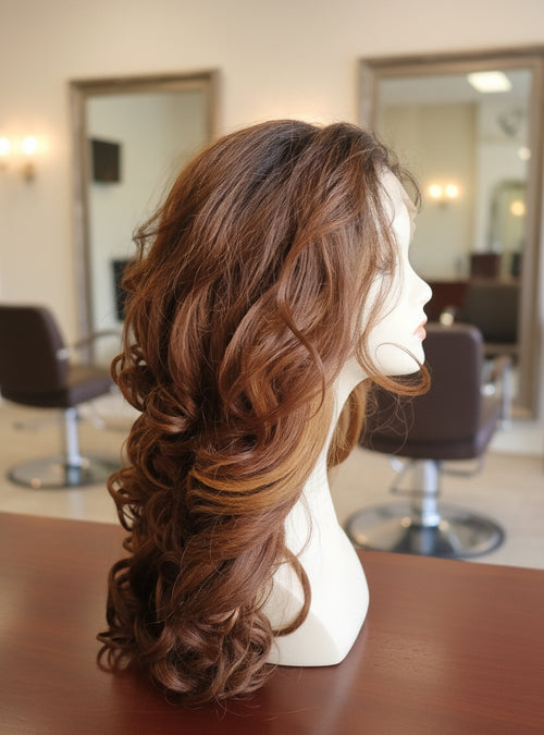 Peluca Sintética Castaña con Rayitos Dorados Ondulada