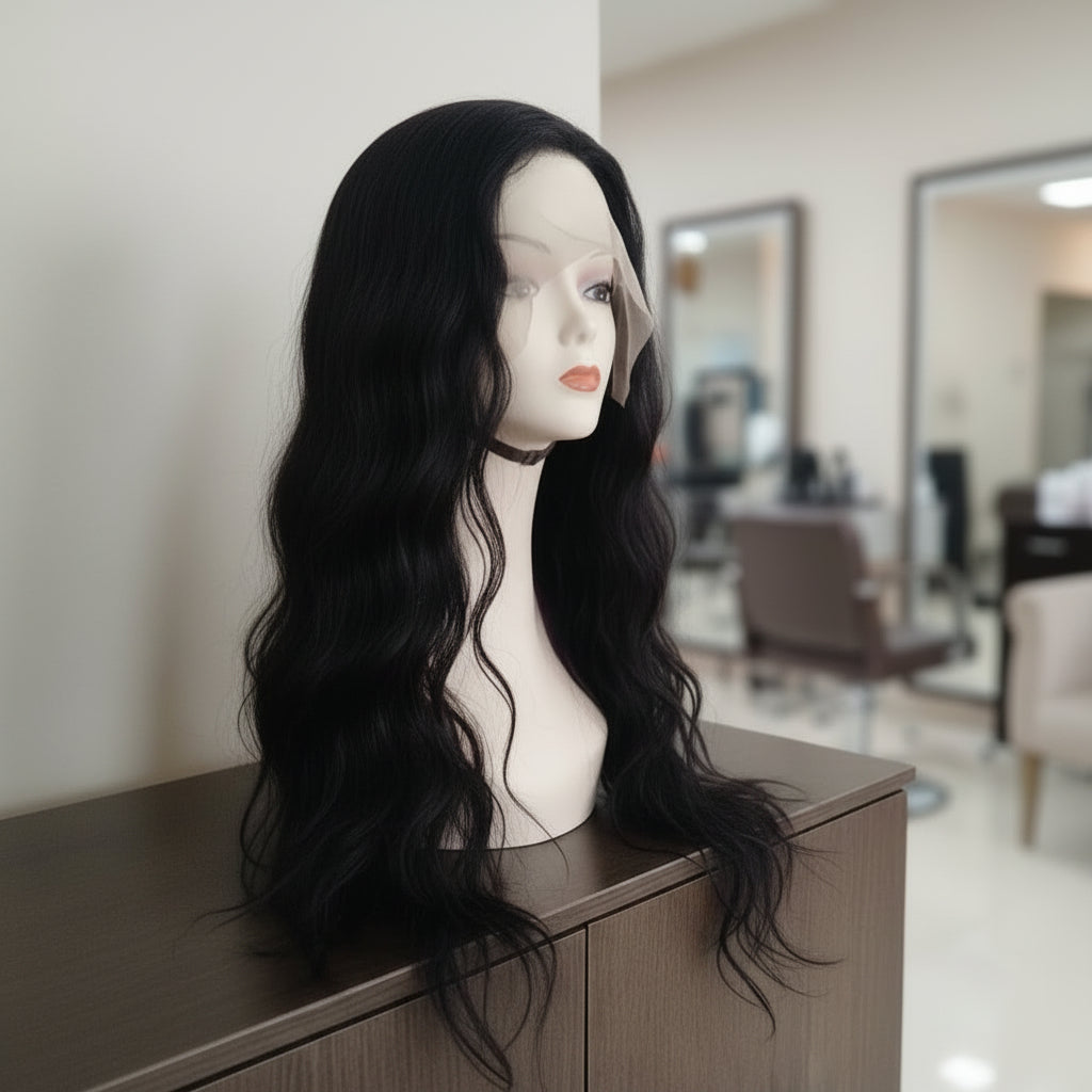 Peluca negra cabello 100% natural 65 - 70 cm