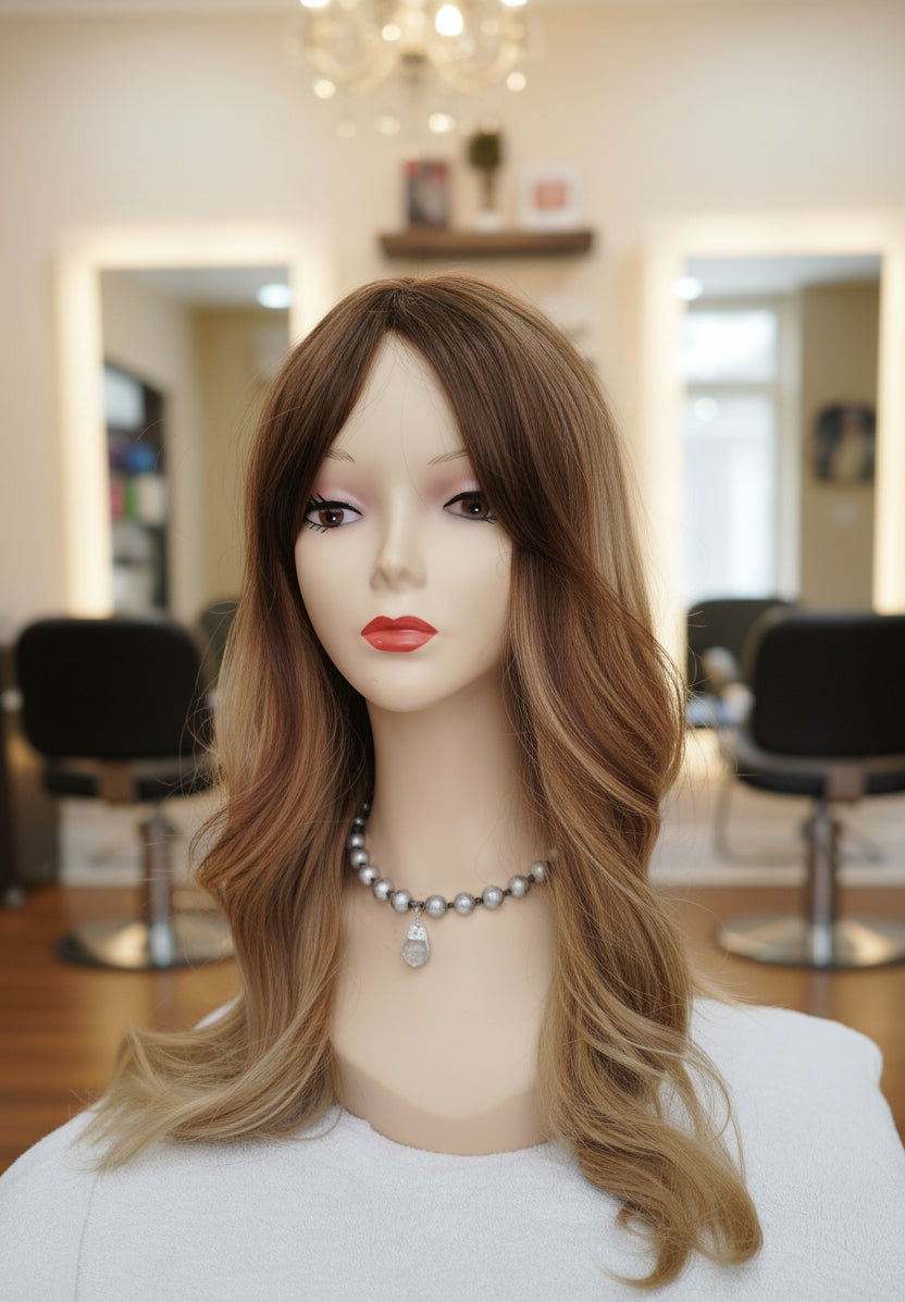 Peluca Sintética Rubia Efecto Balayage con Cerquillo – Ondulada