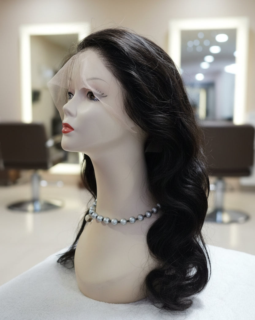 Peluca negra ondulada cabello 100% natural 70 cm