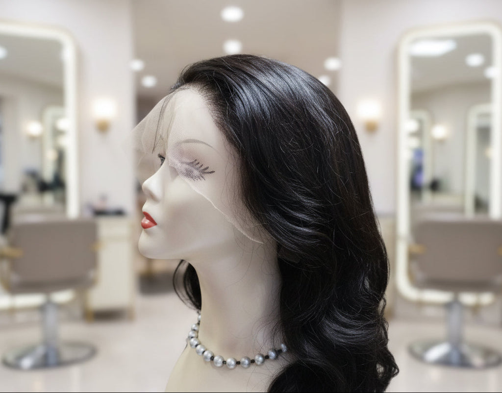 Peluca negra ondulada cabello 100% natural 70 cm