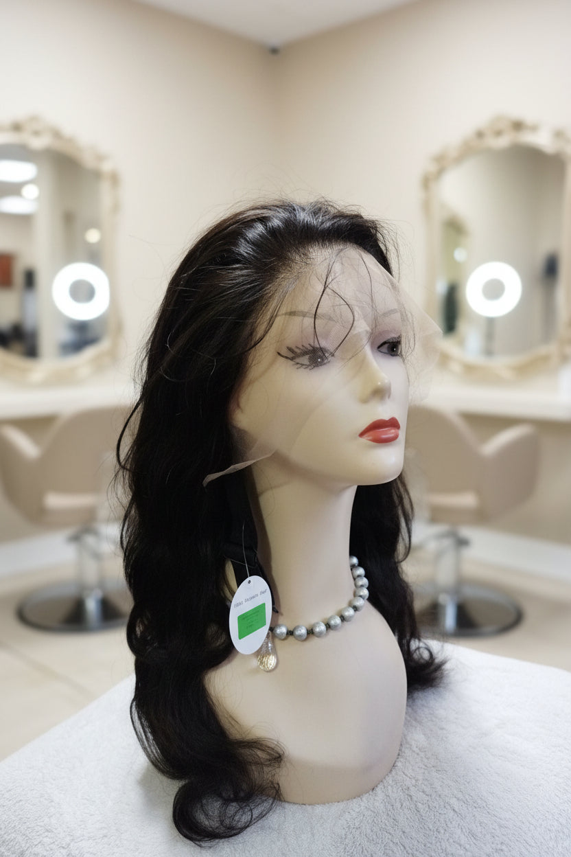 Peluca negra ondulada cabello 100% natural 70 cm