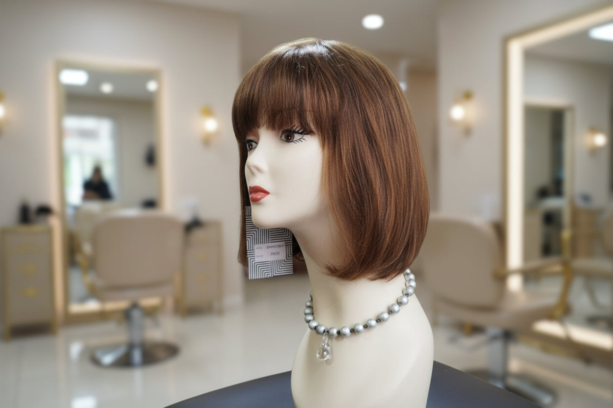 Peluca castaña 100% natural corte Melena Bob con cerquillo