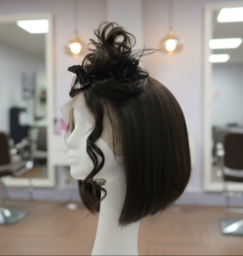 Peluca negra cabello 100% natural Melena Bob 30 cm, Lace 13x4