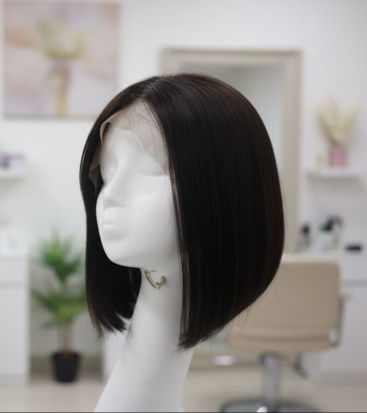 Peluca negra cabello 100% natural Melena Bob 30 cm, Lace 13x4