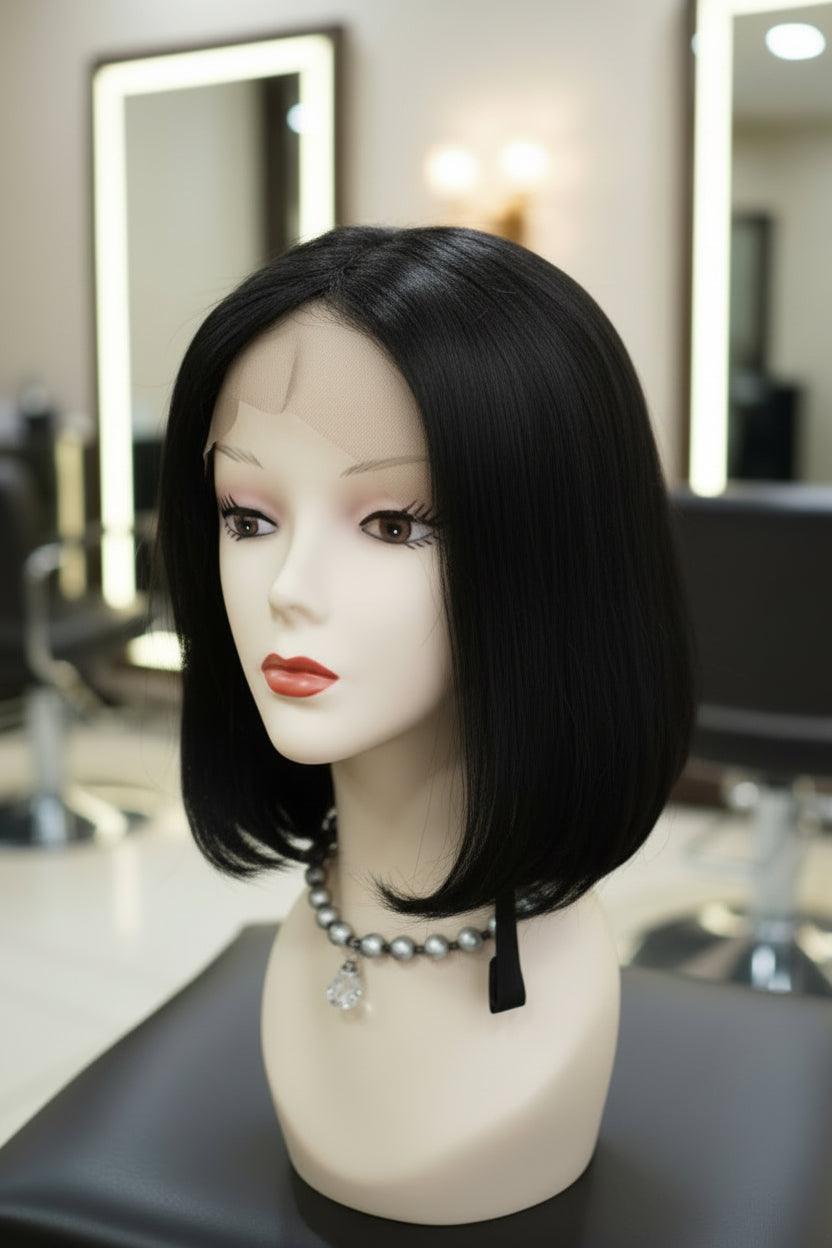 Peluca Natural 100% Humana Estilo Melena 35 cm Lace Front Color Negro