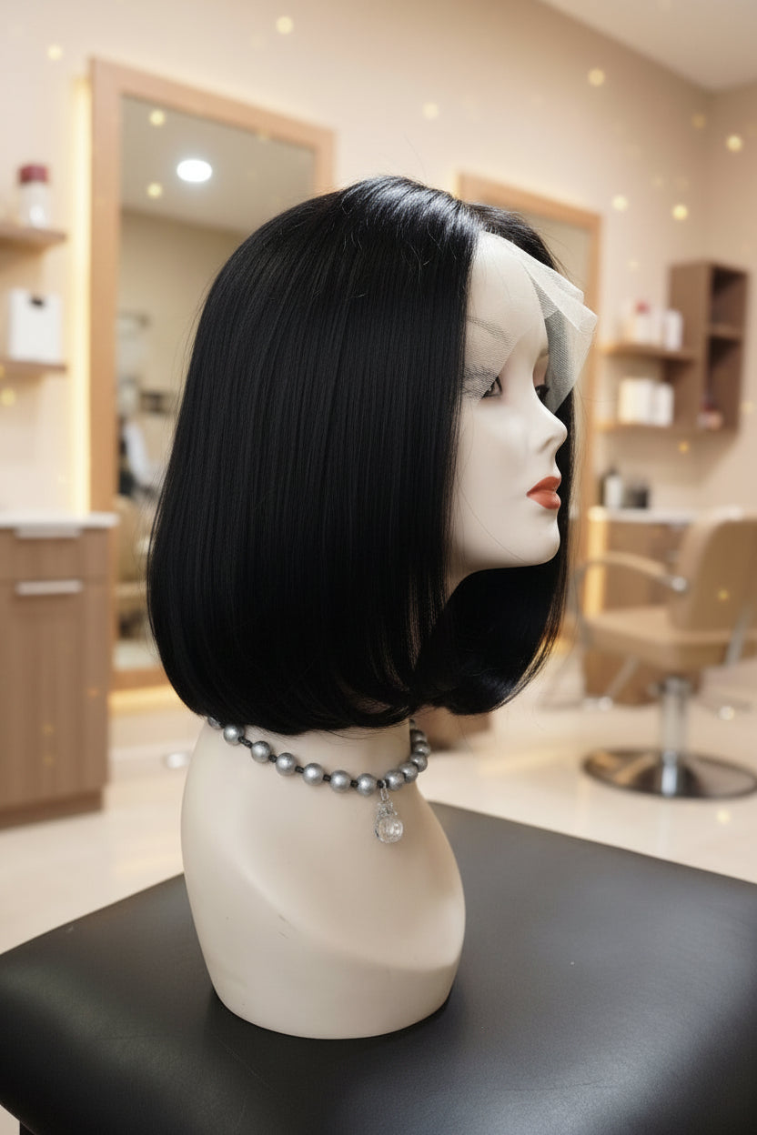 Peluca Natural 100% Humana Estilo Melena 35 cm Lace Front Color Negro