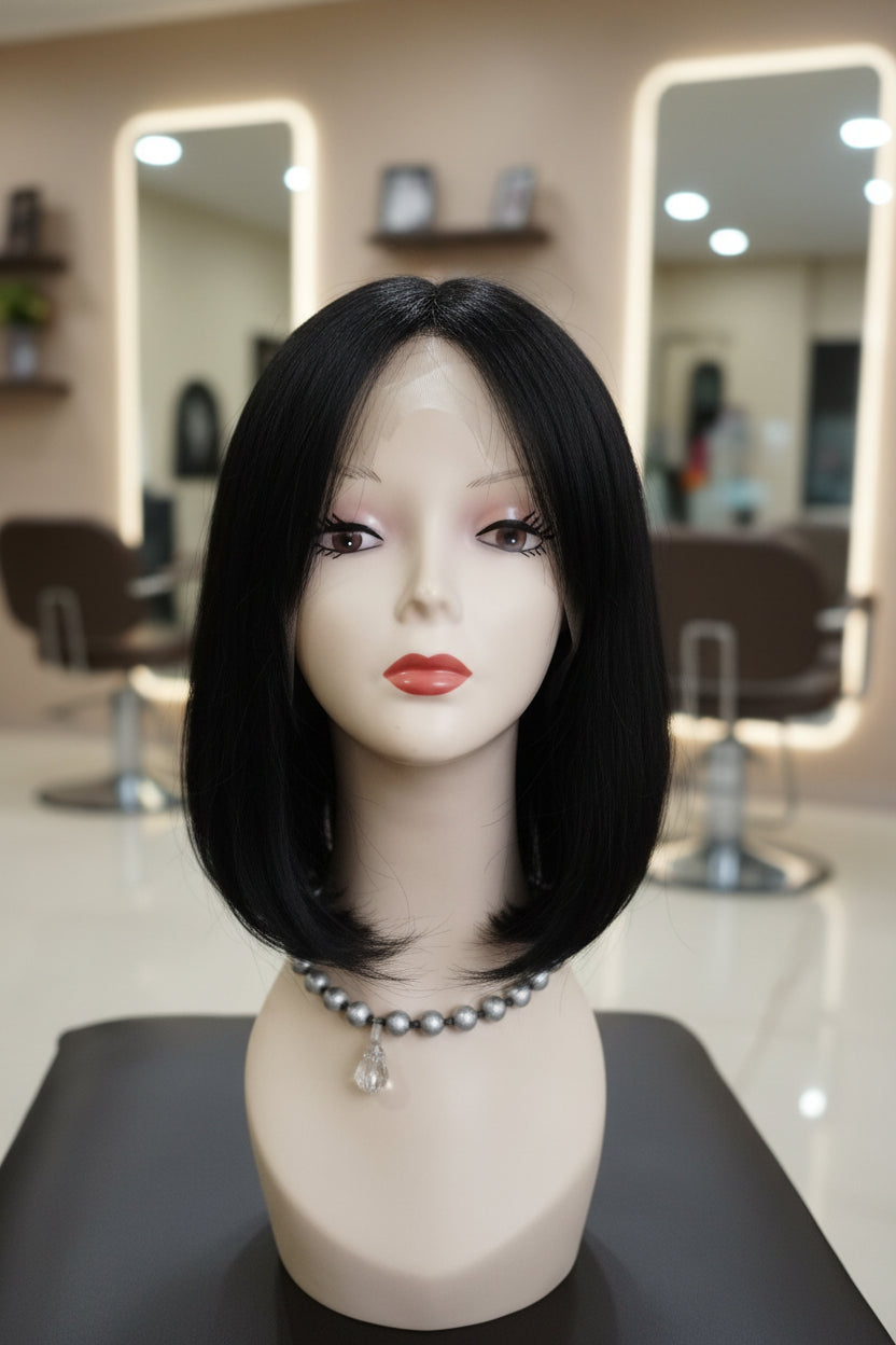 Peluca Natural 100% Humana Estilo Melena 35 cm Lace Front Color Negro