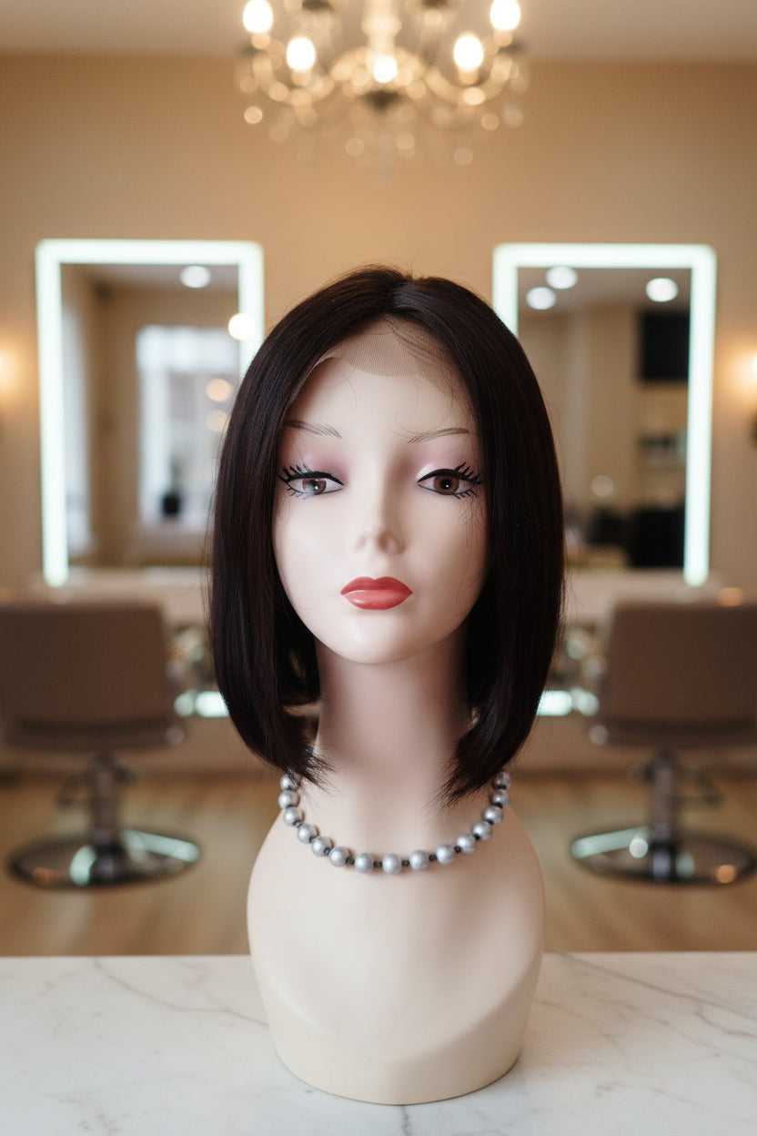 Peluca negra cabello 100% natural Melena Bob 30 cm, Lace 13x4
