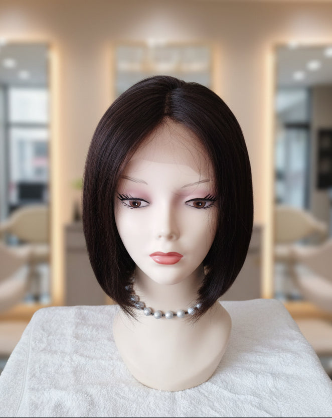 Peluca negra cabello 100% natural Melena Bob 30 cm, Lace 13x4