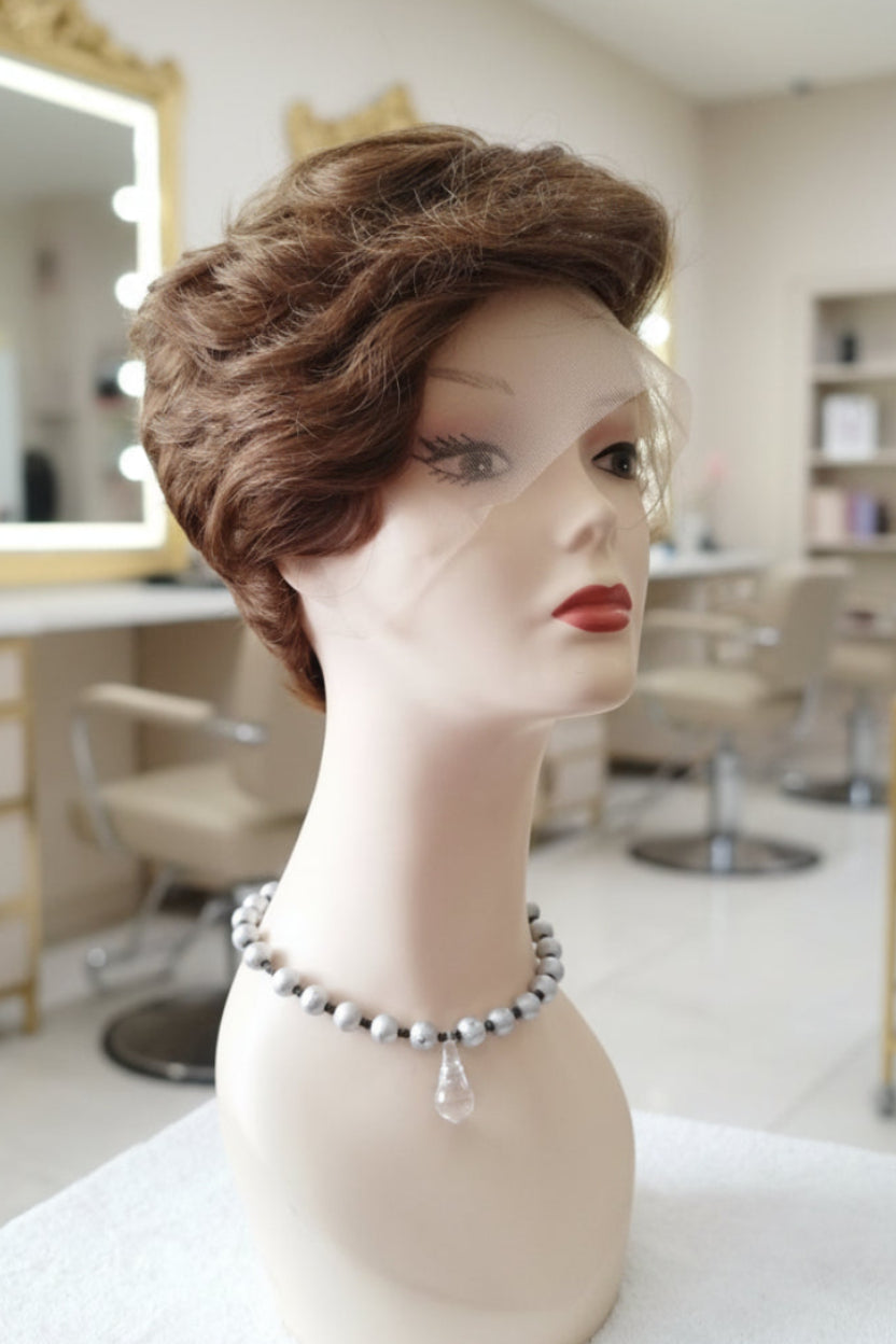 Peluca castaña cabello 100% natural corta - Estilo clásico europeo
