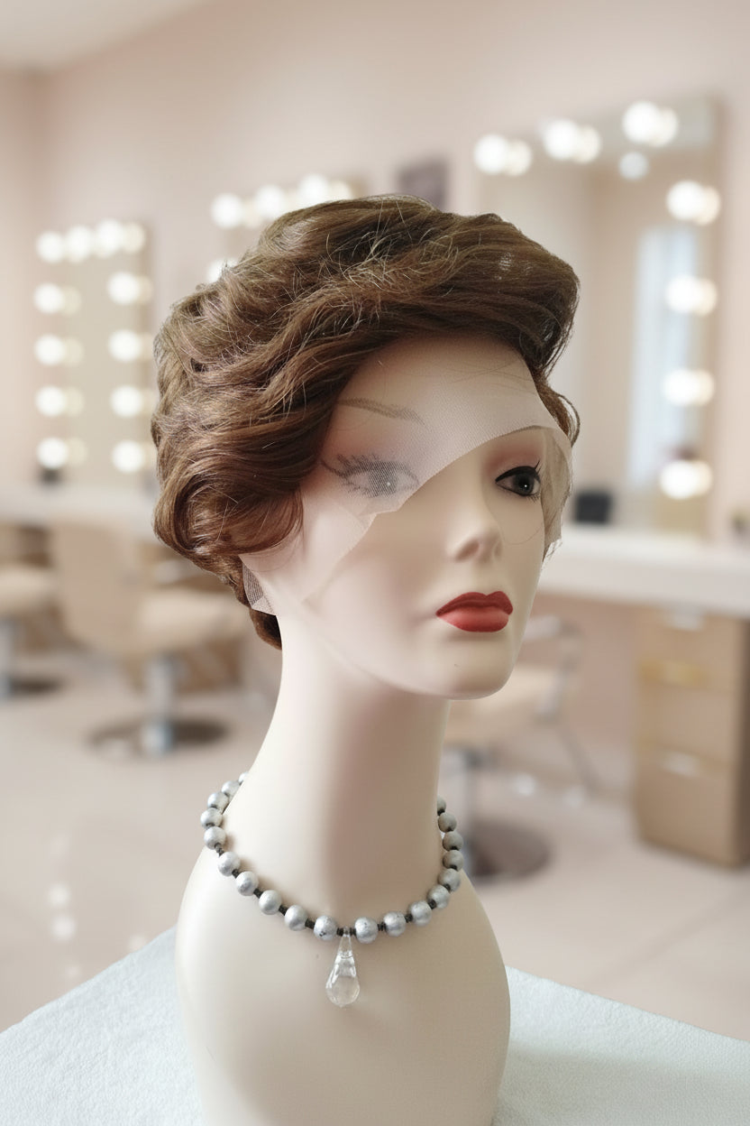 Peluca castaña cabello 100% natural corta - Estilo clásico europeo