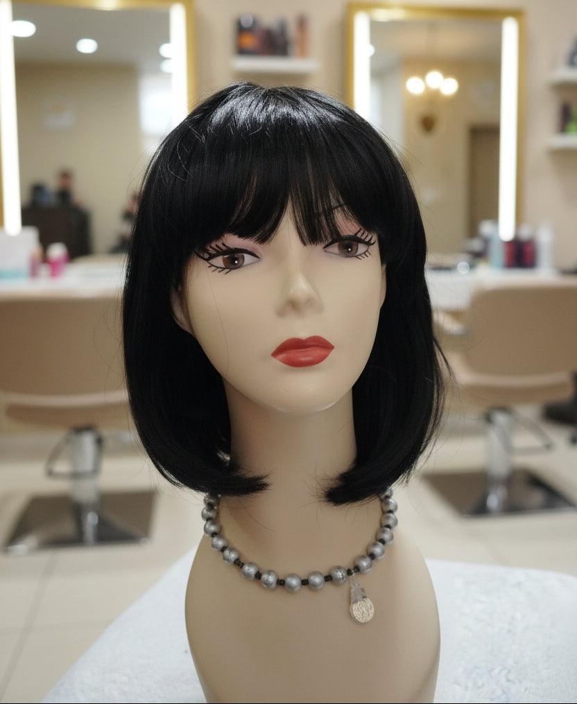 Peluca sintetica negra corte Melena con cerquillo