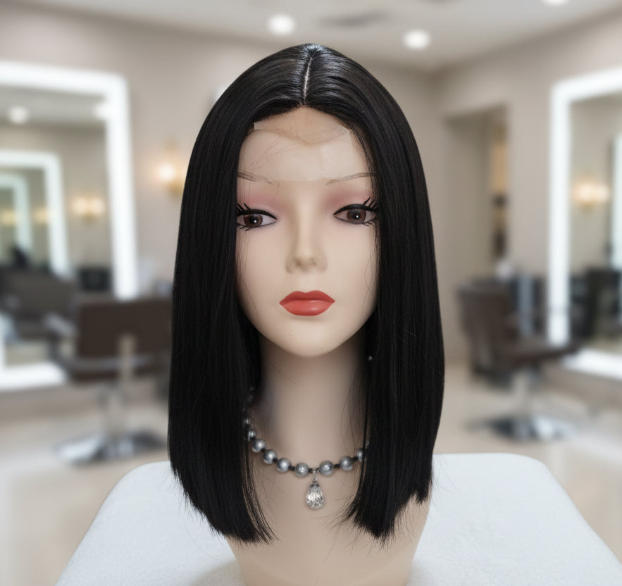 Peluca sintetica negra corte Bob lace front