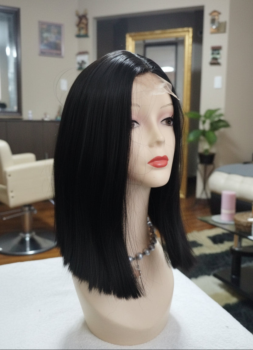 Peluca sintetica negra corte Bob lace front