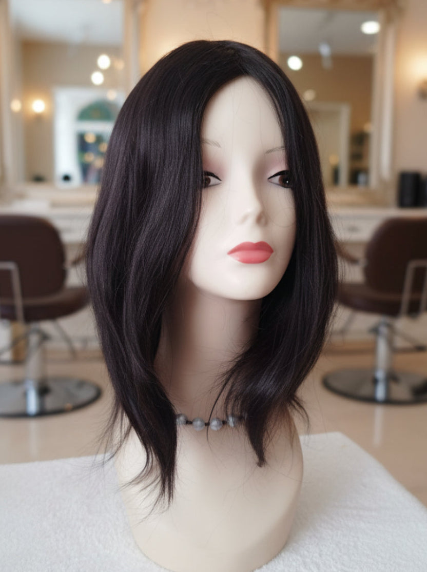 Topper de cabello natural 50 - 55 cm, color castaño oscuro, sin cerquillo