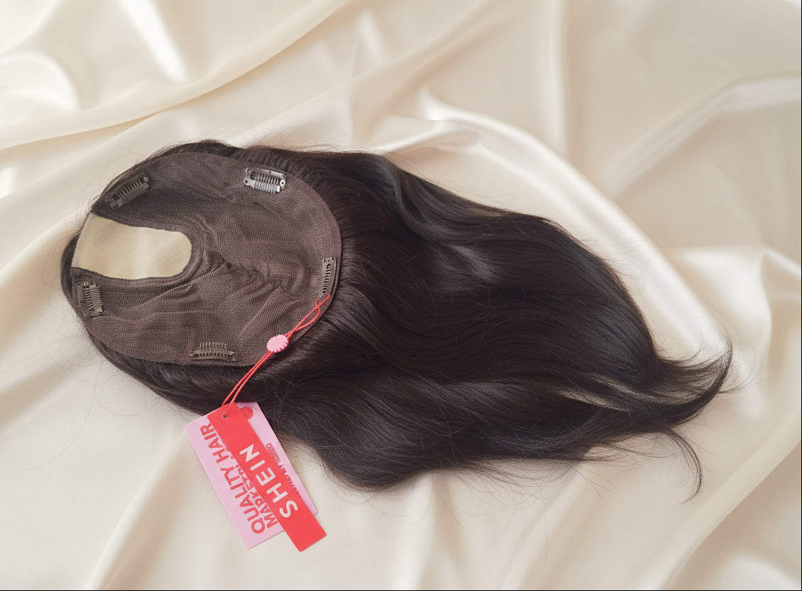 Topper de cabello natural 50 - 55 cm, color castaño oscuro, sin cerquillo