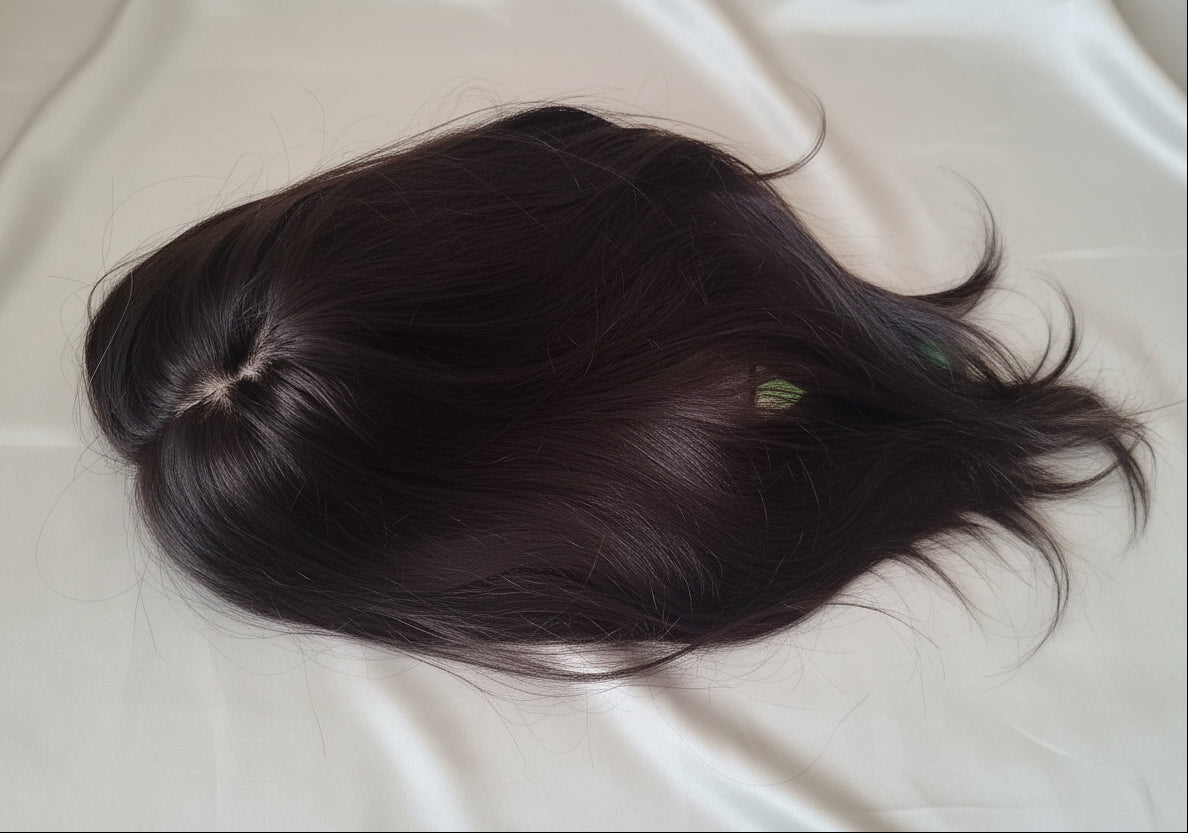Topper de cabello natural 50 - 55 cm, color castaño oscuro, sin cerquillo