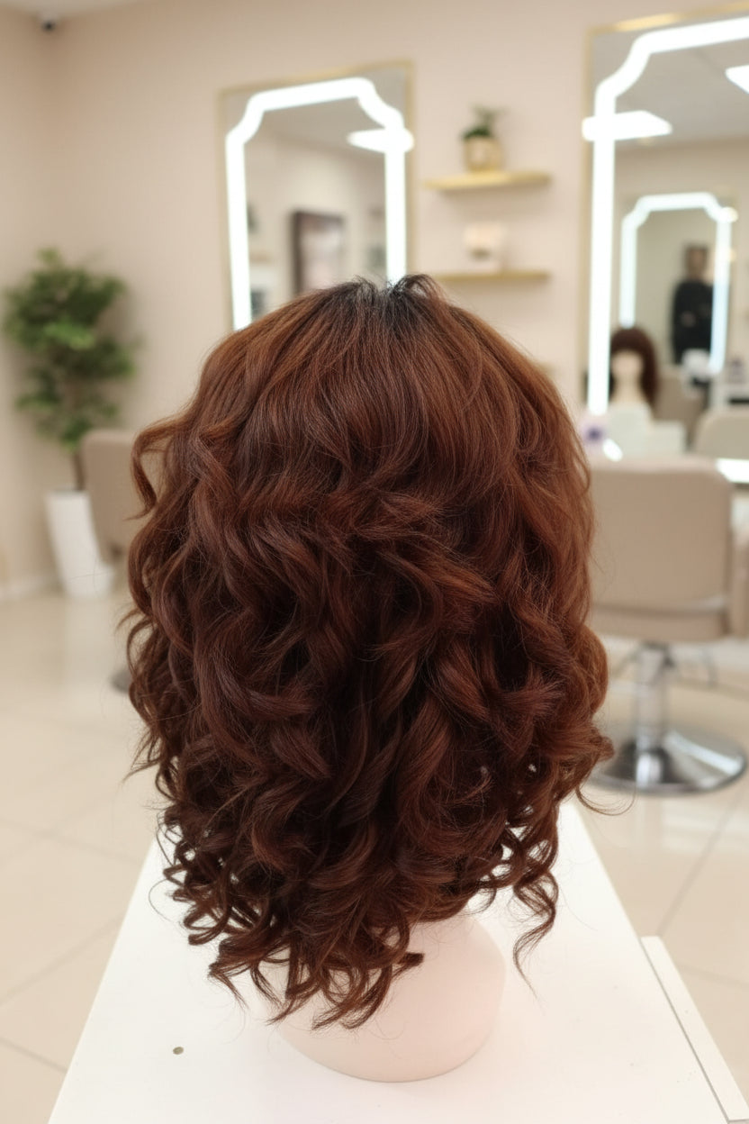 Peluca ondulada cabello natural castaño mediano vista frontal y lateral VMajo