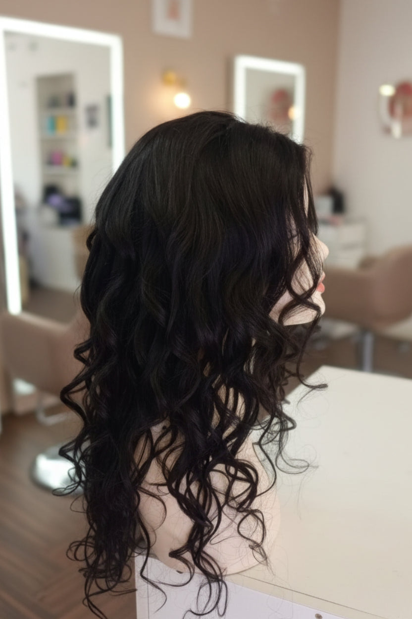 Peluca lace front ondulada cabello natural castaño oscuro vista trasera larga VMajo