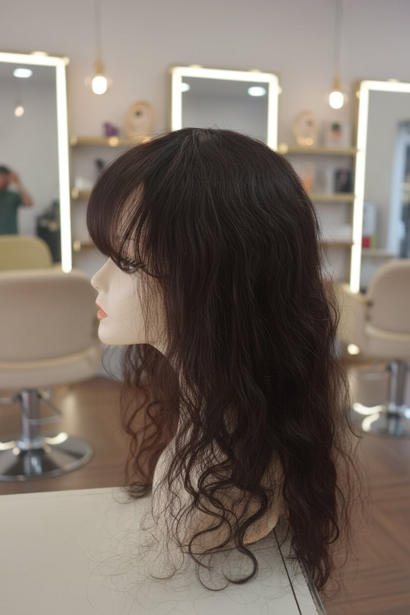 Peluca cabello natural castaño oscuro con cerquillo vista trasera larga VMajo