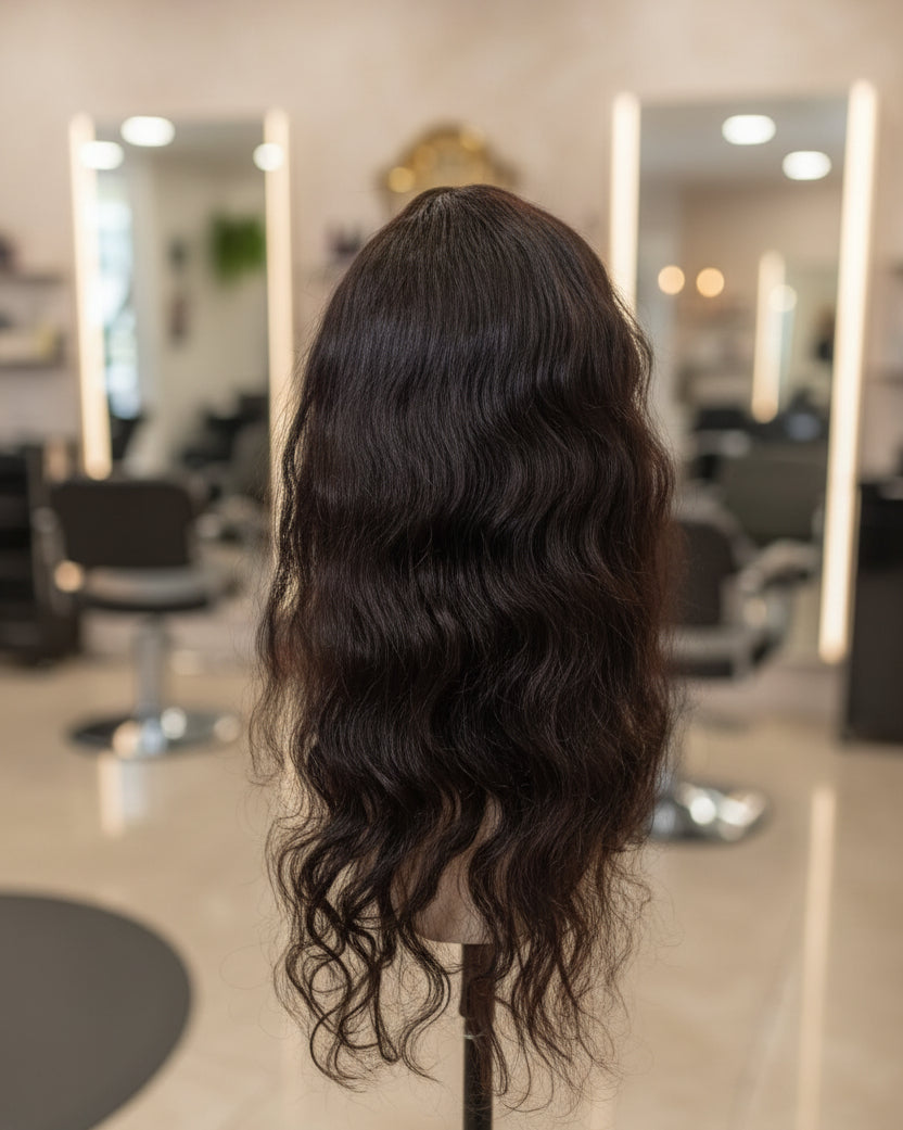 Peluca cabello natural castaño oscuro con cerquillo vista frontal VMajo